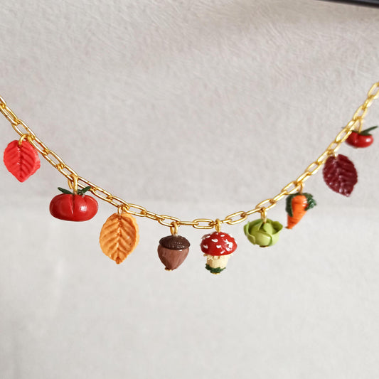 Handmade Fall Charm Necklace | Polymer Clay Autumn Harvest Jewelry | Unique Pumpkin and Leaf Charms