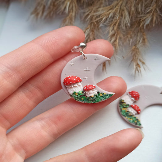 Handmade Mushroom Moon Earrings | Polymer Clay Cottagecore Jewelry Gift
