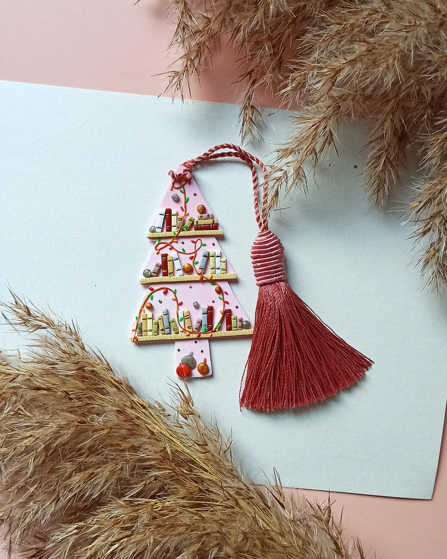 Handmade Pink Winter Tree Bookmark | Polymer Clay Tassel Reading Accessory | Unique Gift for Book Lovers