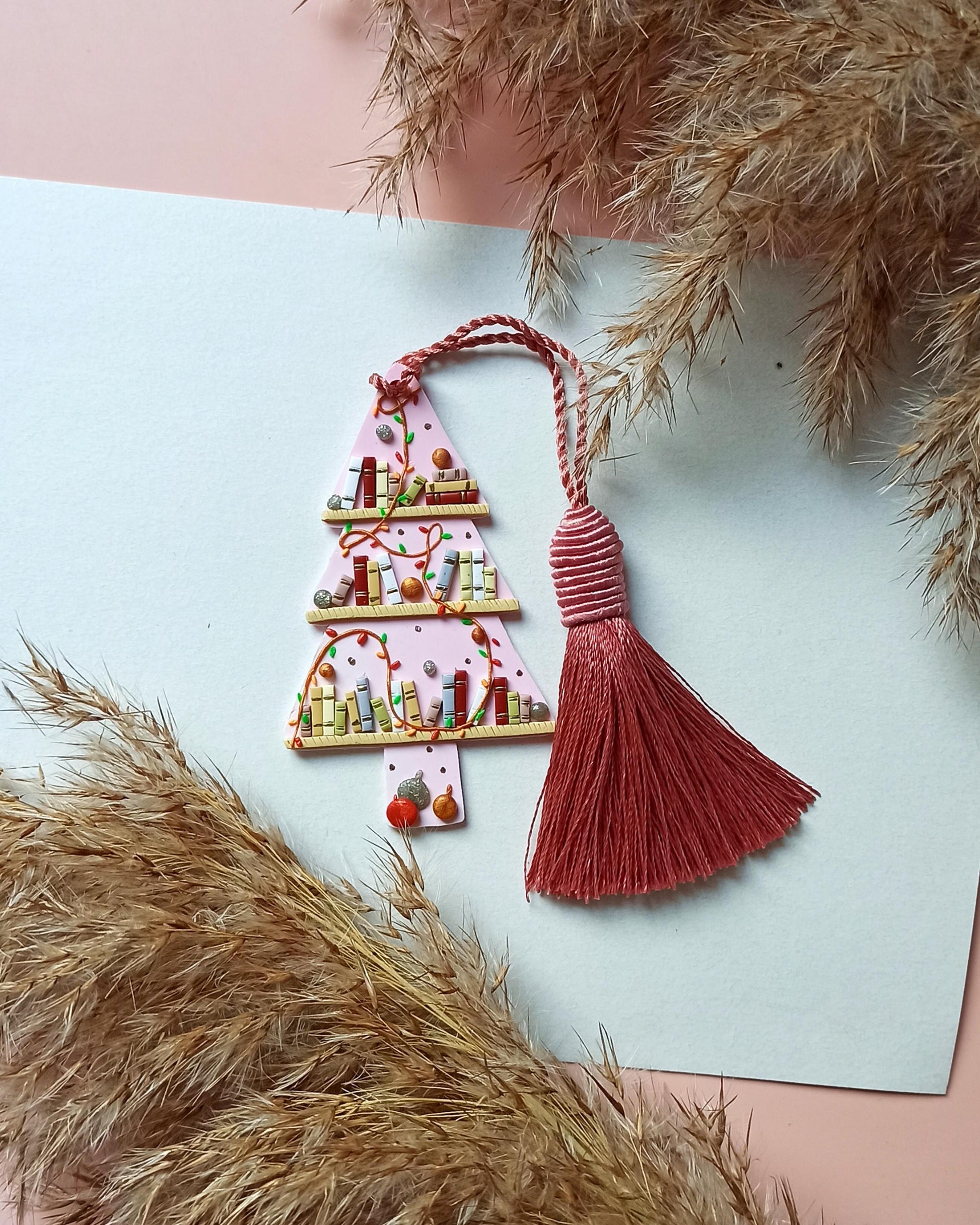 Handmade Pink Winter Tree Bookmark | Polymer Clay Tassel Reading Accessory | Unique Gift for Book Lovers