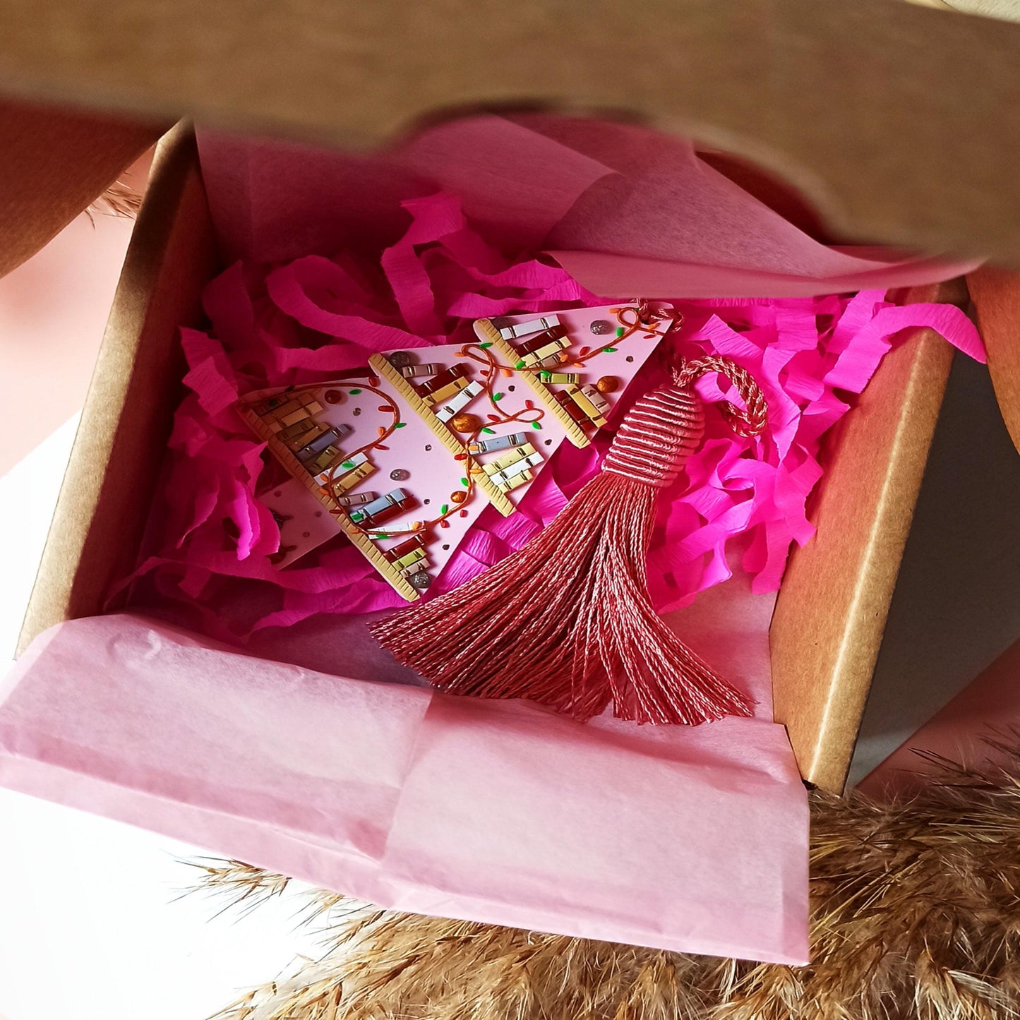 Handmade Pink Winter Tree Bookmark | Polymer Clay Tassel Reading Accessory | Unique Gift for Book Lovers