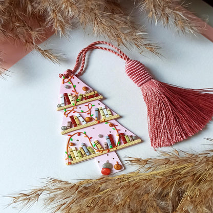 Handmade Pink Winter Tree Bookmark | Polymer Clay Tassel Reading Accessory | Unique Gift for Book Lovers