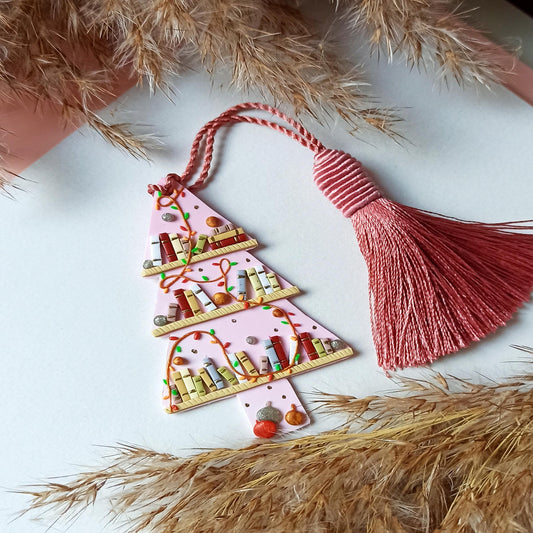 Handmade Pink Winter Tree Bookmark | Polymer Clay Tassel Reading Accessory | Unique Gift for Book Lovers