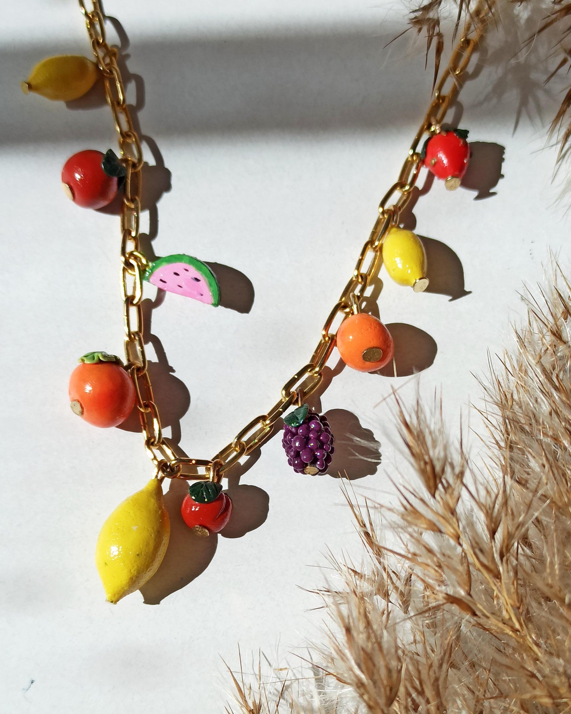 Handmade Summer Fruit Charm Necklace | Polymer Clay Miniature Fruit Jewelry | Unique Garden Harvest Gift