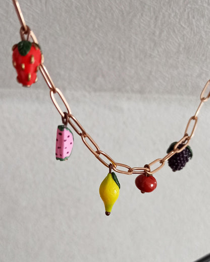 Handmade Summer Fruit Charm Necklace | Polymer Clay Miniature Food Jewelry.
