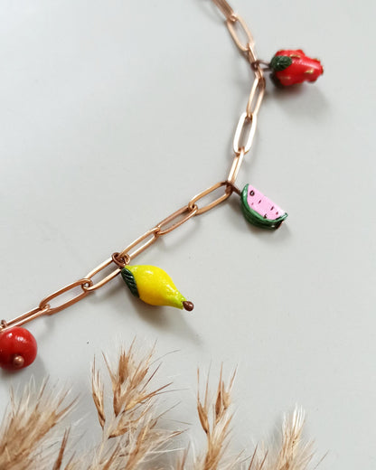 Handmade Summer Fruit Charm Necklace | Polymer Clay Miniature Food Jewelry | Unique Botanical Garden Gift