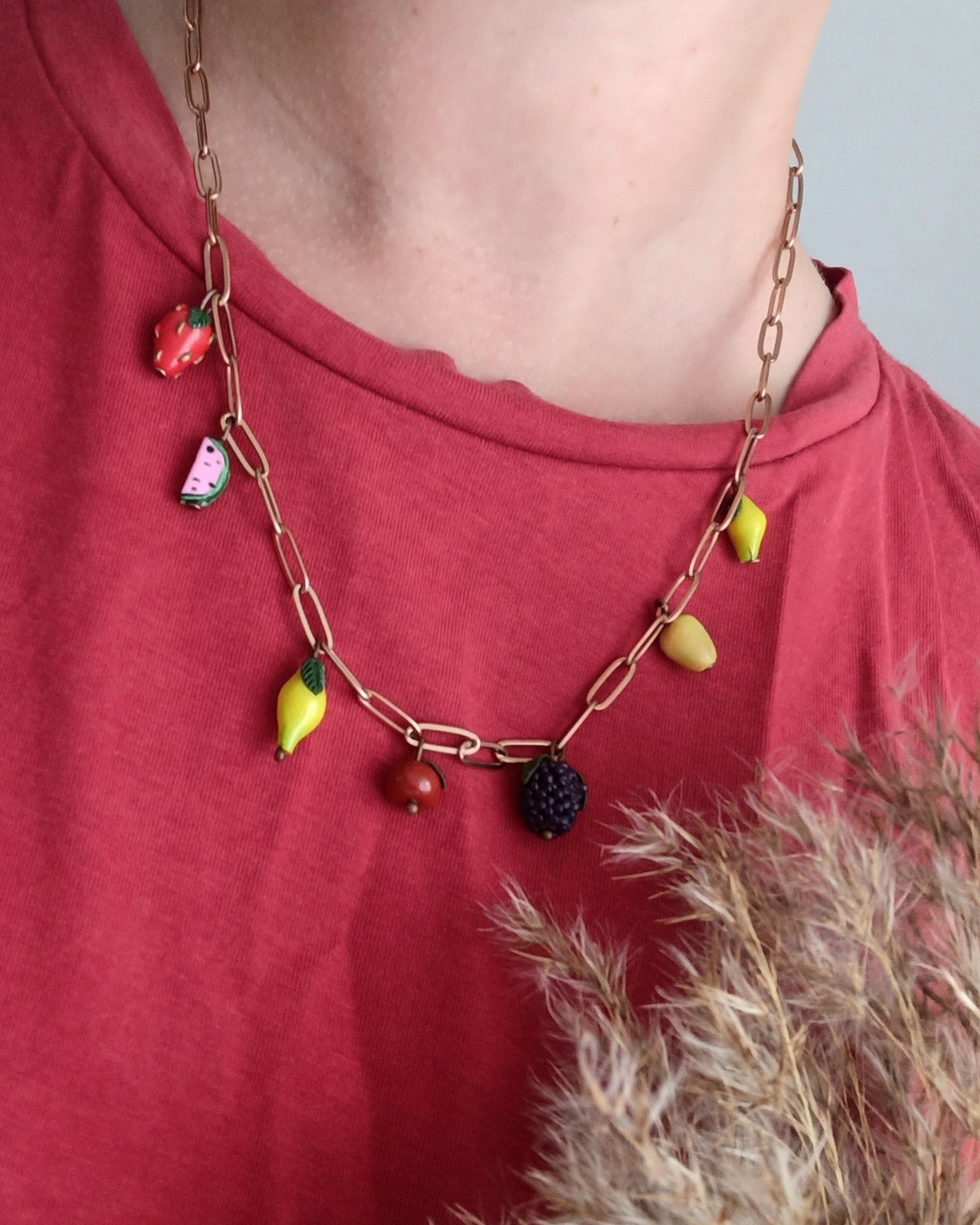 Handmade Summer Fruit Charm Necklace | Polymer Clay Miniature Food Jewelry | Unique Botanical Garden 