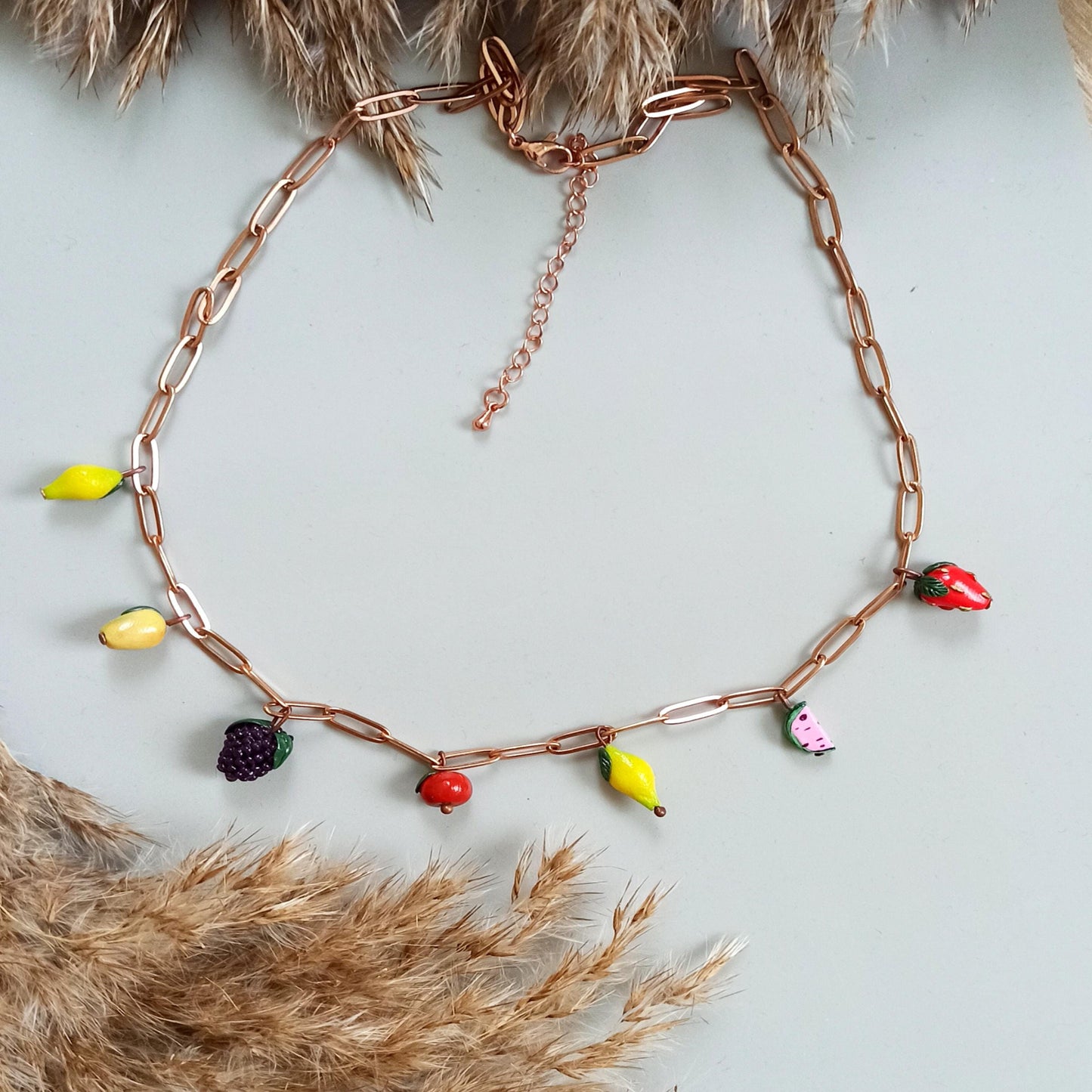 Handmade Summer Fruit Charm Necklace | Polymer Clay Miniature Food Jewelry | Unique Botanical Garden Gift