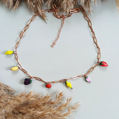 Handmade Summer Fruit Charm Necklace | Polymer Clay Miniature Food Jewelry | Unique Botanical Garden Gift