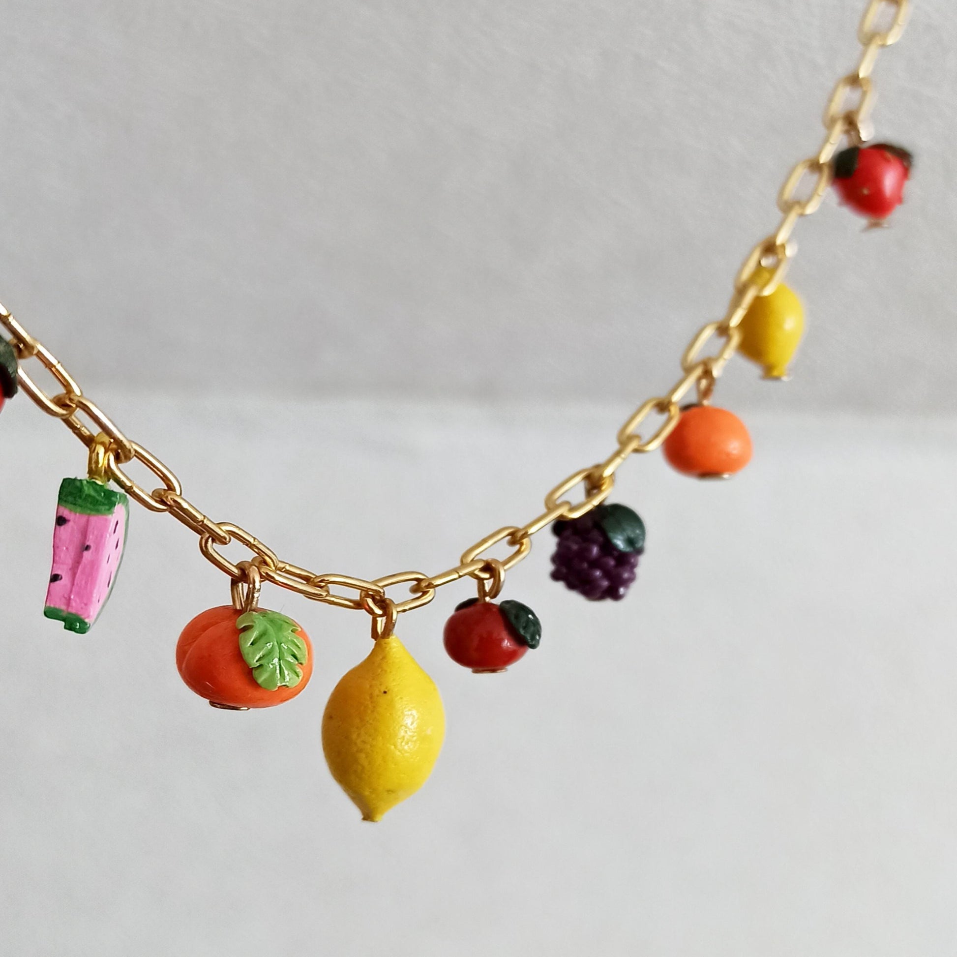 Handmade Summer Fruit Charm Necklace | Polymer Clay Miniature Fruit Jewelry | Unique Garden Harvest Gift