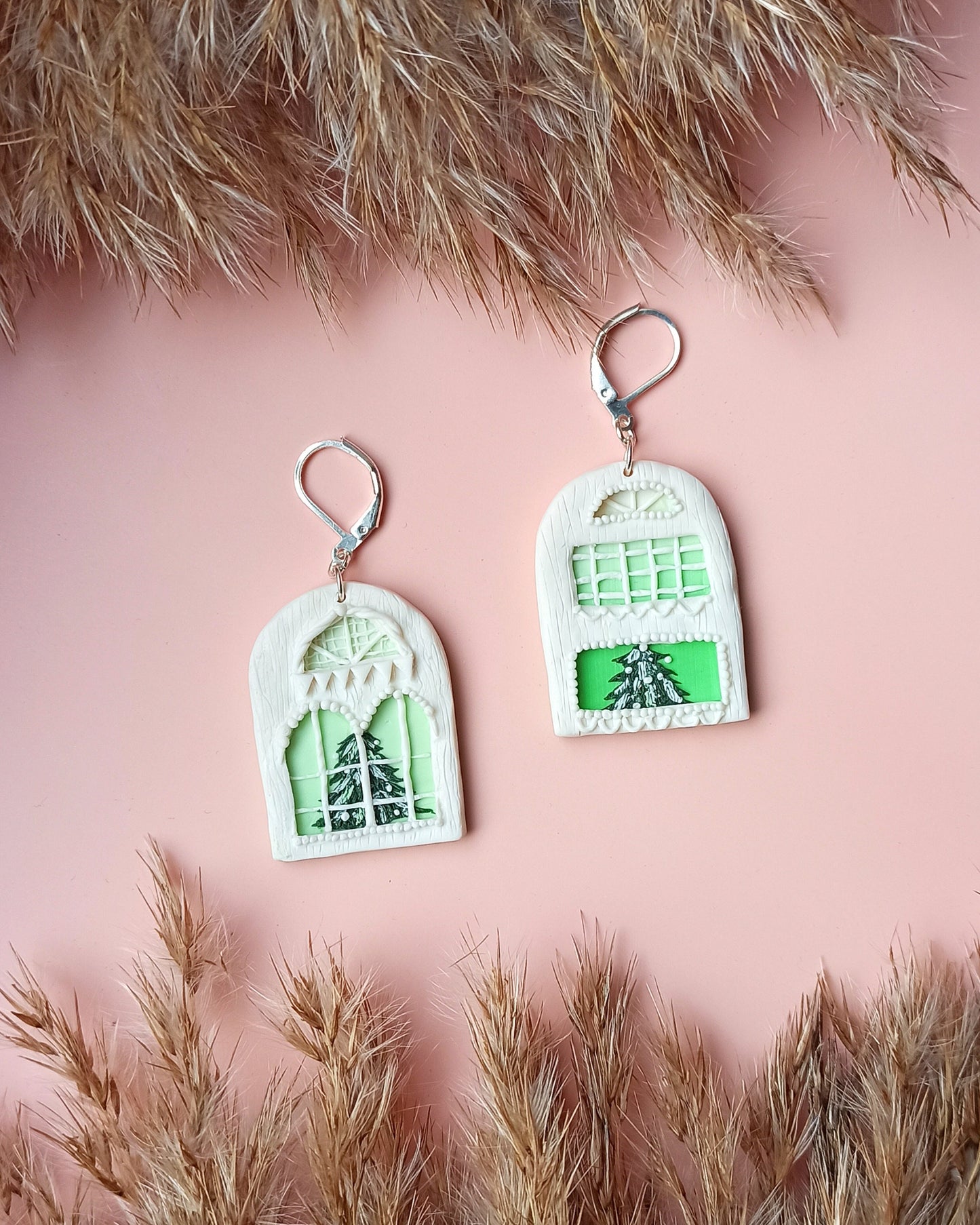 Handmade Winter House & Christmas Tree Earrings | Polymer Clay Silver Festive Dangles | Unique Holiday Traveler Gift.