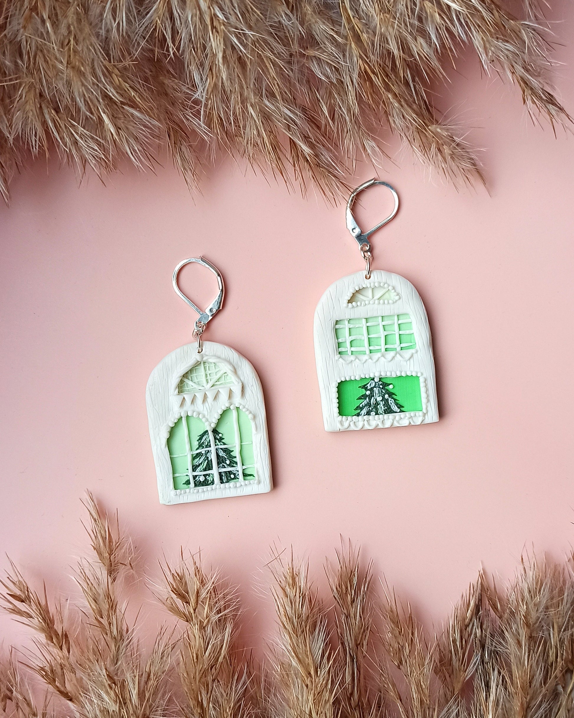 Handmade Winter House & Christmas Tree Earrings | Polymer Clay Silver Festive Dangles | Unique Holiday Traveler Gift.