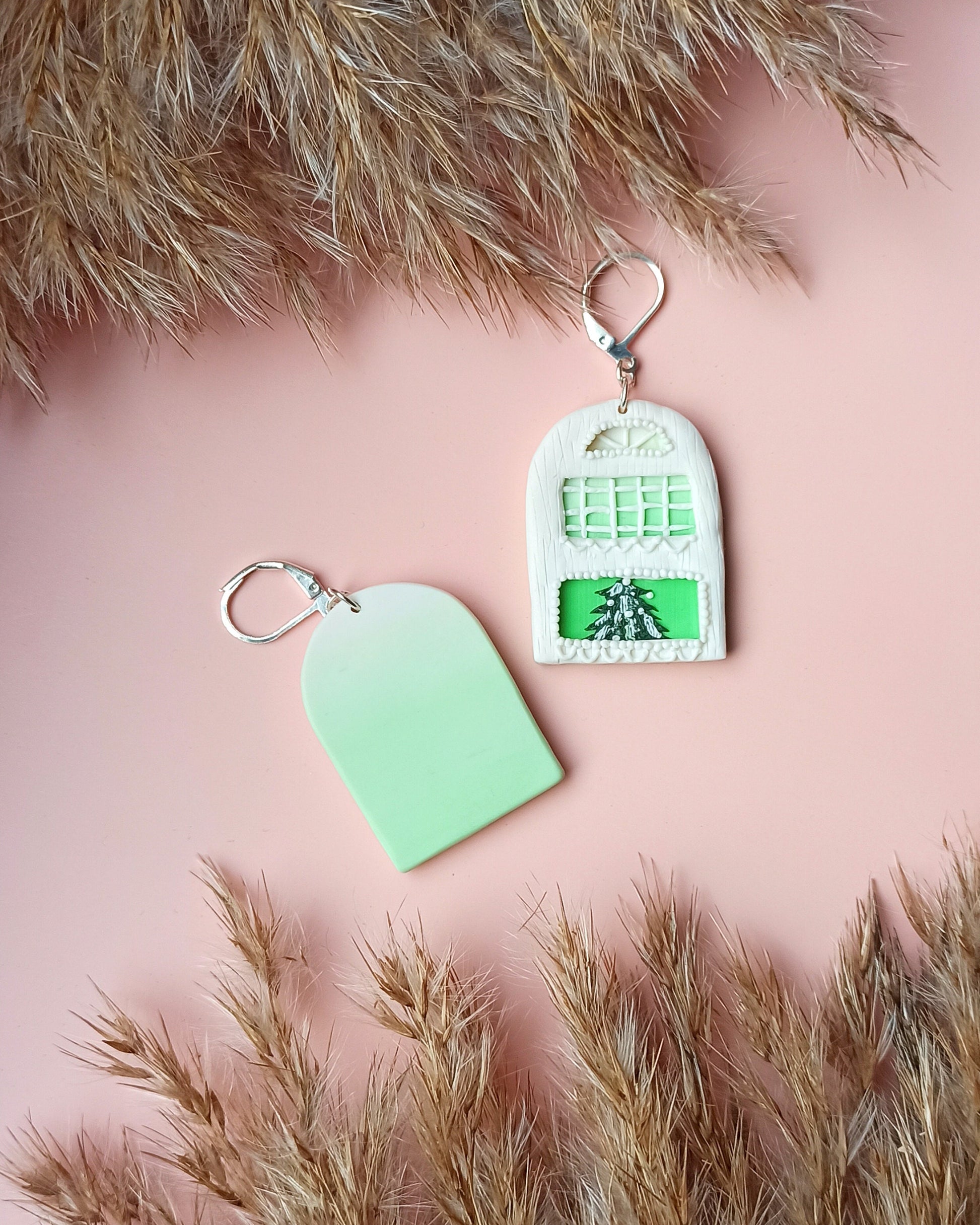 Handmade Winter House & Christmas Tree Earrings | Polymer Clay Silver Festive Dangles | Unique Holiday Traveler Gift