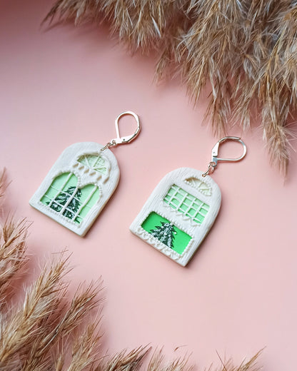 Handmade Winter House & Christmas Tree Earrings | Polymer Clay Silver Festive Dangles | Unique Holiday Traveler Gift