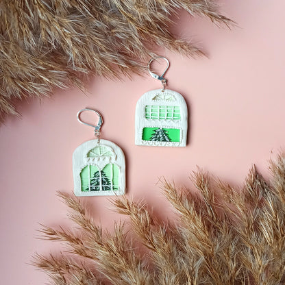 Handmade Winter House & Christmas Tree Earrings | Polymer Clay Silver Festive Dangles | Unique Holiday Traveler Gift