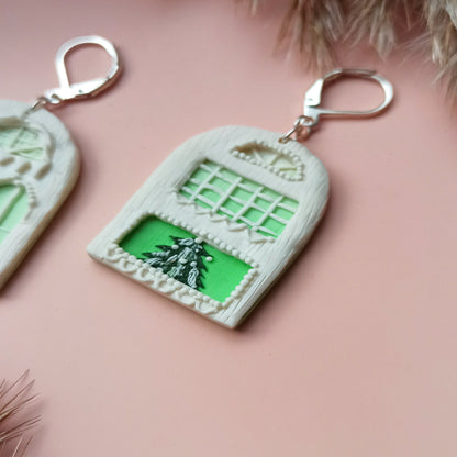 Handmade Winter House & Christmas Tree Earrings | Polymer Clay Silver Festive Dangles | Unique Holiday Traveler Gift.
