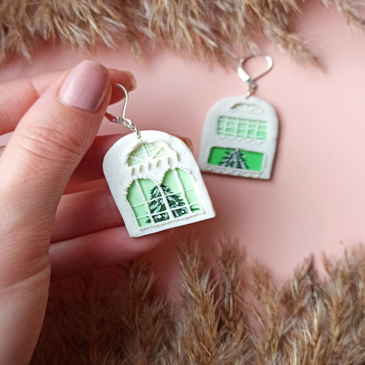 Handmade Winter House & Christmas Tree Earrings | Polymer Clay Silver Festive Dangles | Unique Holiday Traveler Gift