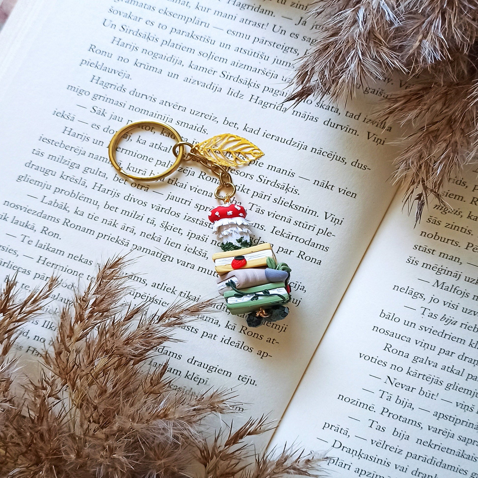 Mushroom & Bookshelf Keychain | Polymer Clay Bookish Gift | Woodland Library Accessory