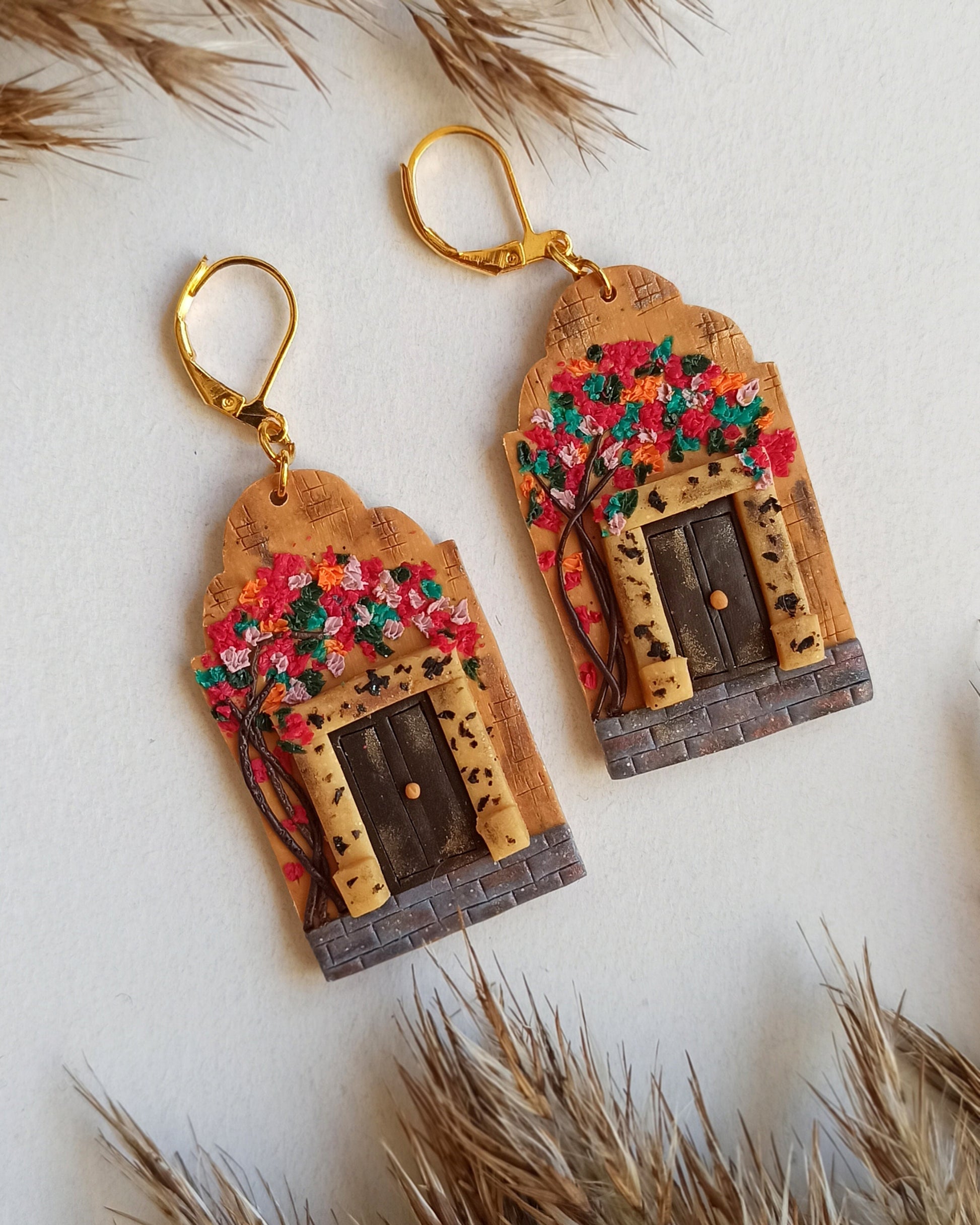 Pink Floral Landscape Earrings | Handmade Polymer Clay Architectural Jewelry