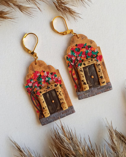 Pink Floral Landscape Earrings | Handmade Polymer Clay Architectural Jewelry