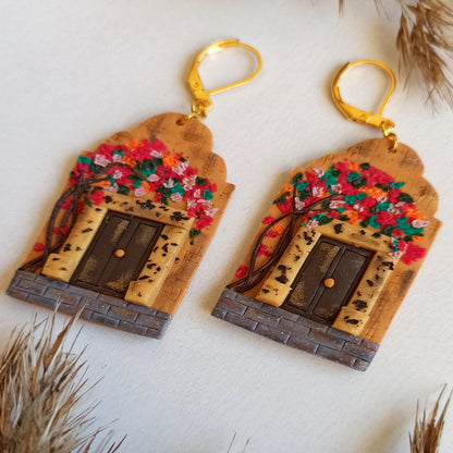 Pink Floral Landscape Earrings | Handmade Polymer Clay Architectural Jewelry Gift