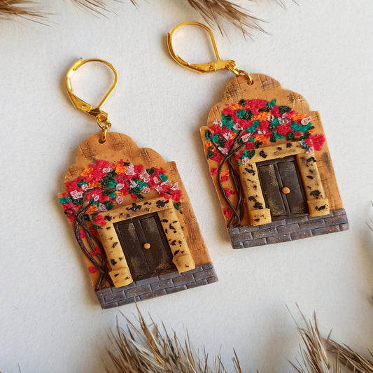 Pink Floral Landscape Earrings | Handmade Polymer Clay Architectural Jewelry Gift