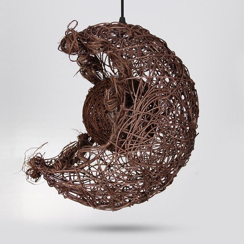 Moon Shaped Wicker Rattan Pendant Light Farmhouse Dining Room Ceiling Light