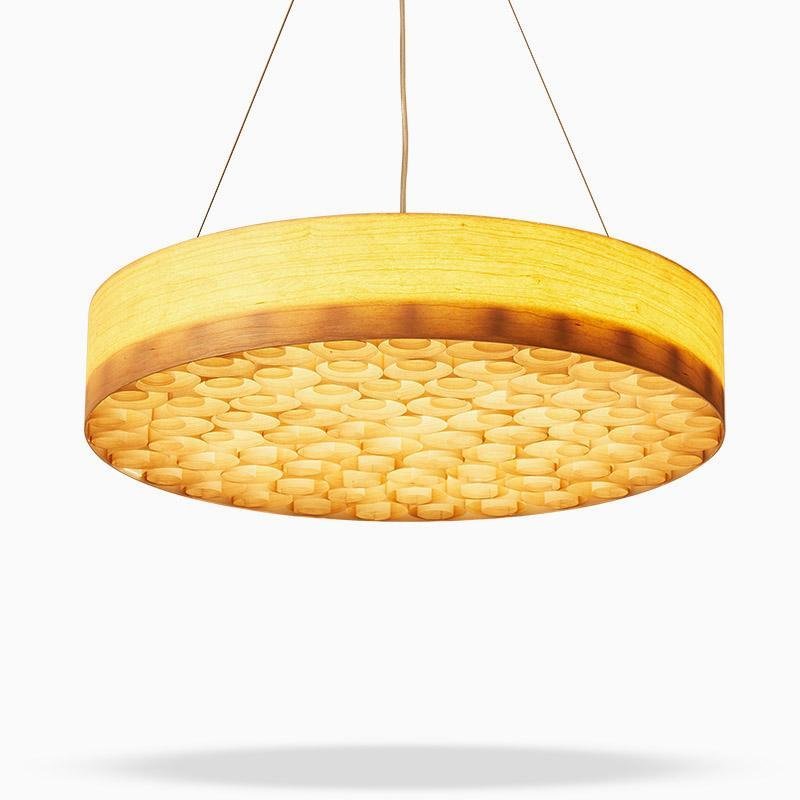 24'' Large Burlywood Drum Light Pendant Wood Living Room Pendant Lighting