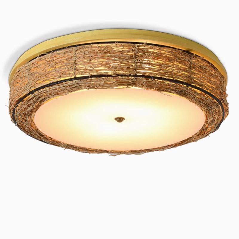 Compact Flush Mount Lighting Covered In Burly wood Wicker