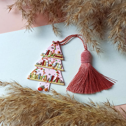 Handmade Pink Winter Tree Bookmark | Polymer Clay Tassel Reading Accessory | Unique Gift for Book Lovers