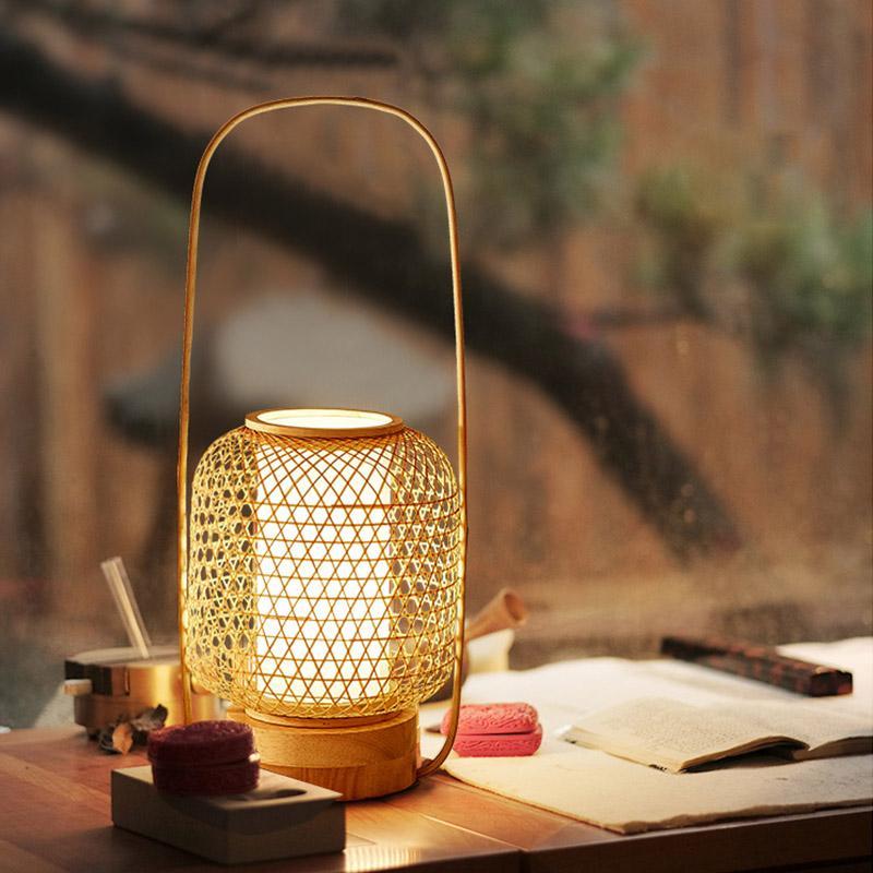 Rustic Woven Bamboo Table Lamp with Cylinder LED Light & USB Port