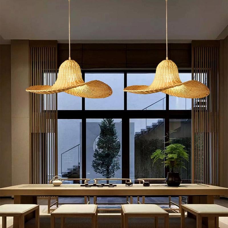 24'' Rustic Hat Shaped Rattan Pendant Light Dining Room Ceiling Light