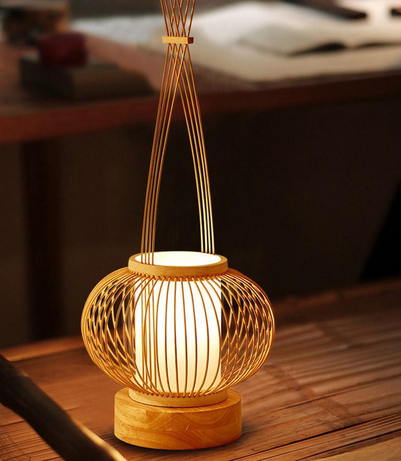 Rustic Woven Bamboo Table Lamp with Cylinder LED Light & USB Port