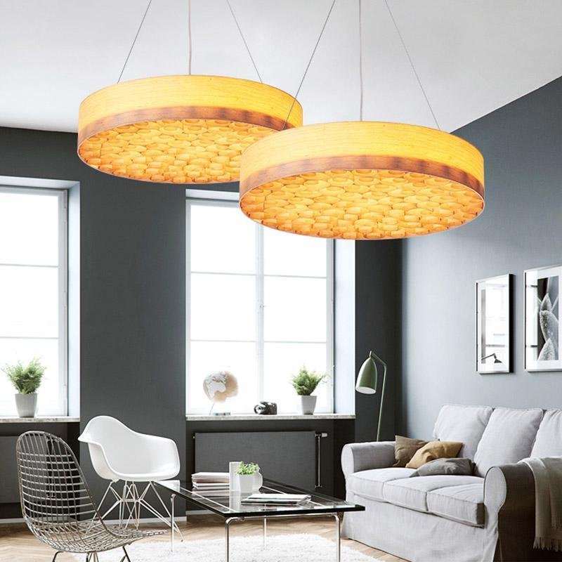 24'' Large Burlywood Drum Light Pendant Wood Living Room Pendant Lighting