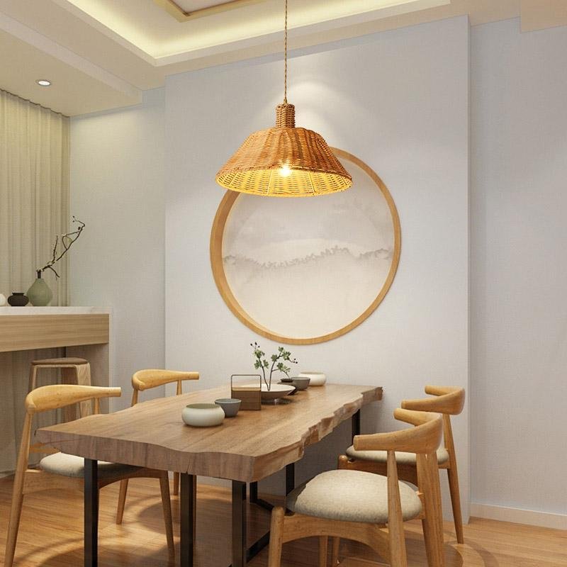 Wide Bell Shaped Bamboo Ceiling Lamp Burlywood Farmhouse Pendant Light