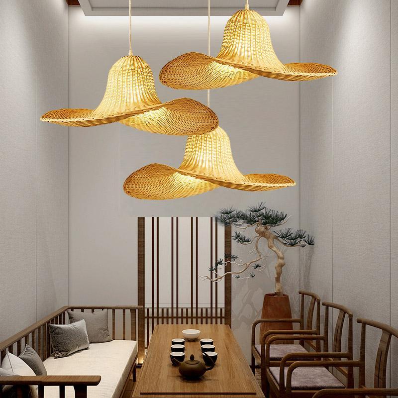 24'' Rustic Hat Shaped Rattan Pendant Light Dining Room Ceiling Light