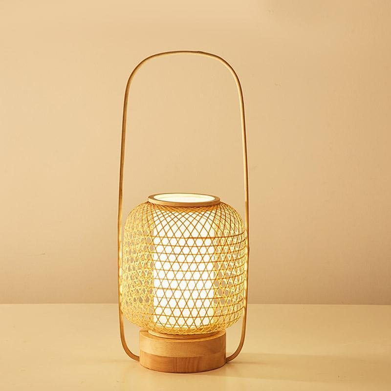 Rustic Woven Bamboo Table Lamp with Cylinder LED Light & USB Port