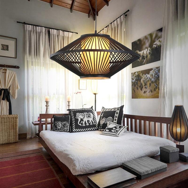 Circular Quasi Pyramid Shaped Black Bamboo Bedroom Pendant Lighting