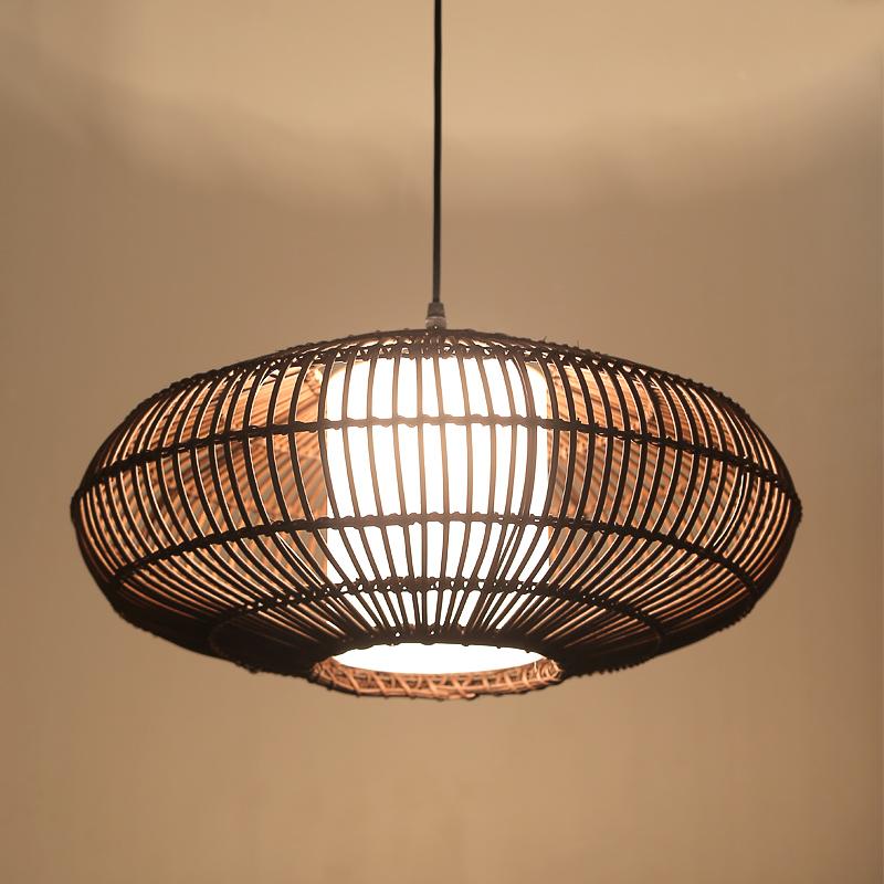 Short Circular Dark Brown Bamboo Pendant Light Farmhouse Kitchen Lighting