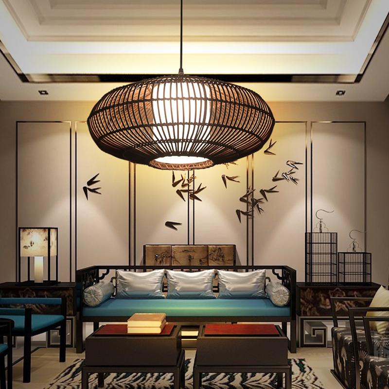 Short Circular Dark Brown Bamboo Pendant Light Farmhouse Kitchen Lighting