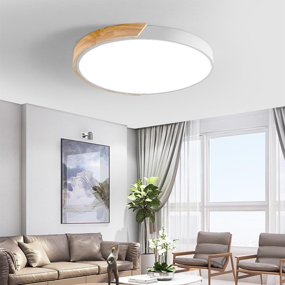 Circular Modern LED Metal Wood Flush Mount Ceiling Light for Living Room