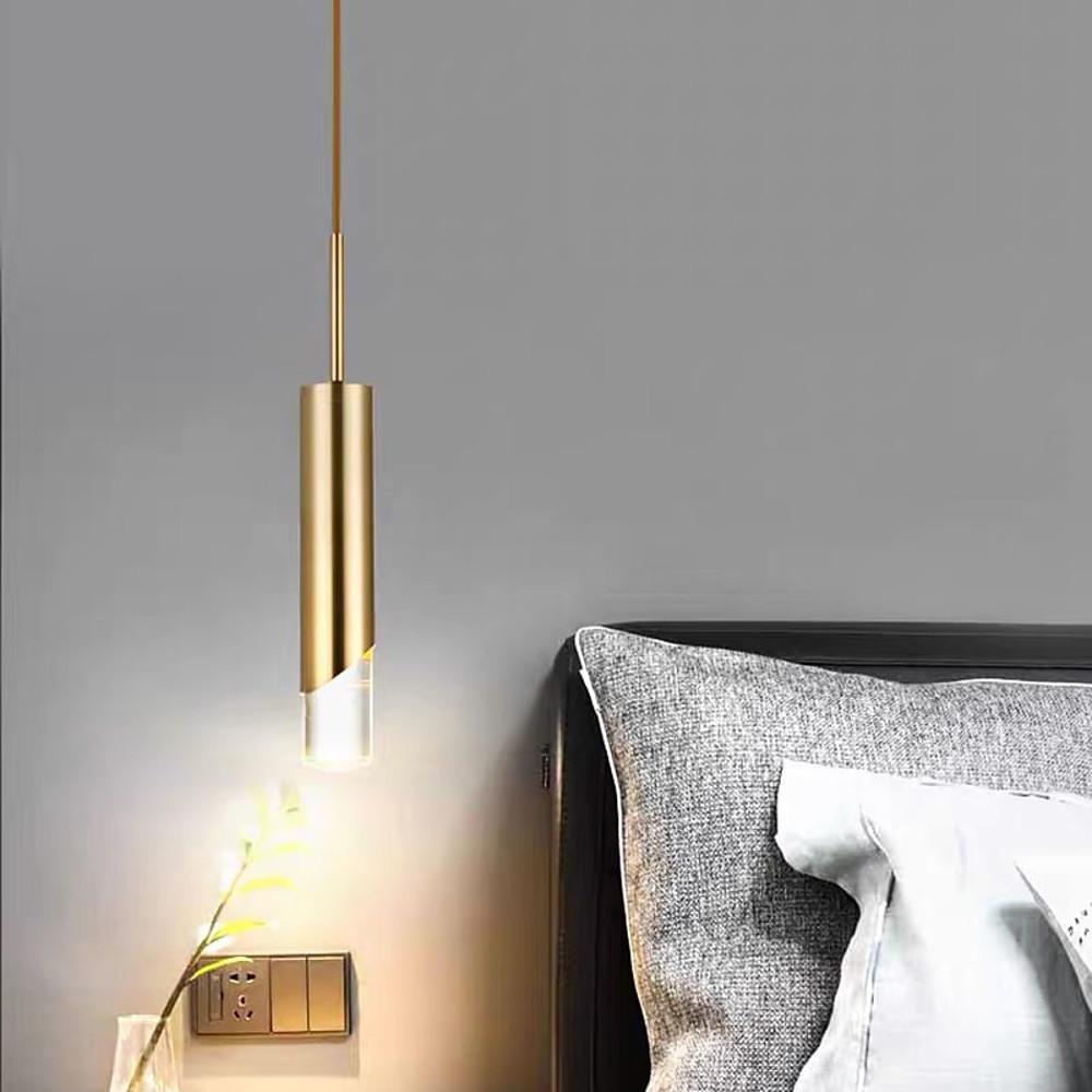 Elongated Slender Cylinder Modern Gold Crystal Column Pendant Lights