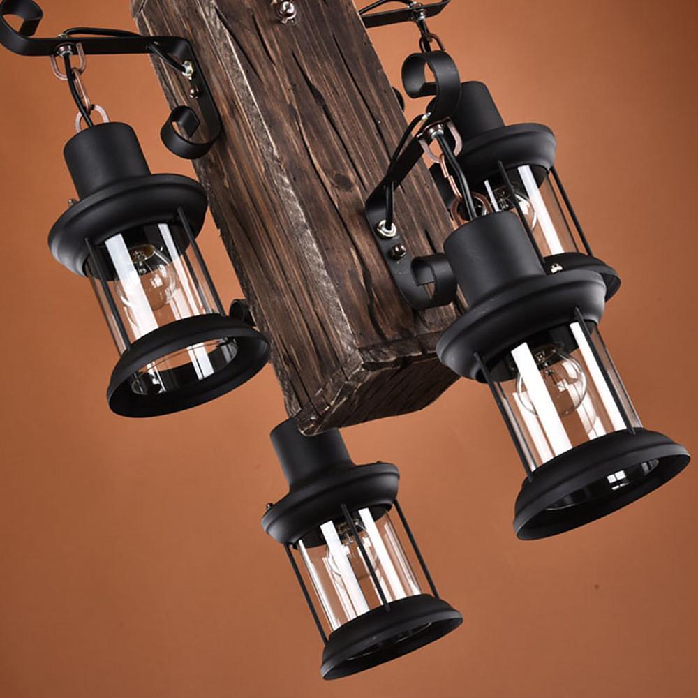 Lodge Style Farmhouse Chandelier Wooden Dining Room Chandeliers with 4 Lanterns Lights