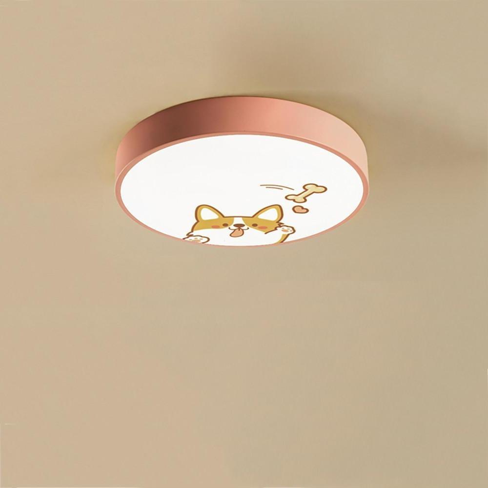 Circular Dog Image Flush Mount Drum Light LED Metal Bedroom Ceiling Light for Baby Kids