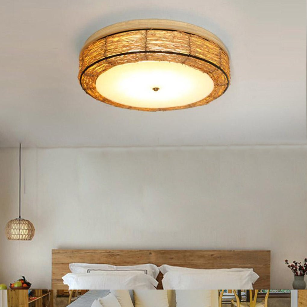 Compact Flush Mount Lighting Covered In Burly wood Wicker