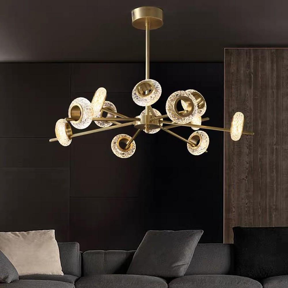 Modern Brass LED Chandelier with Ring Crystal Shades