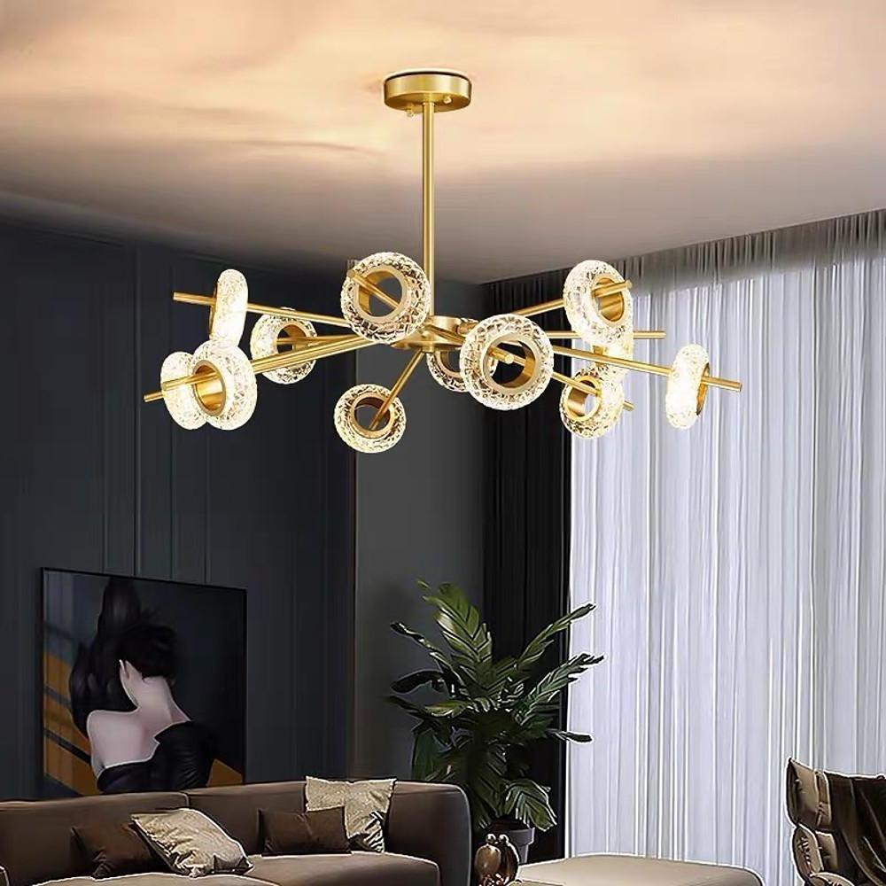 Modern Brass LED Chandelier with Ring Crystal Shades