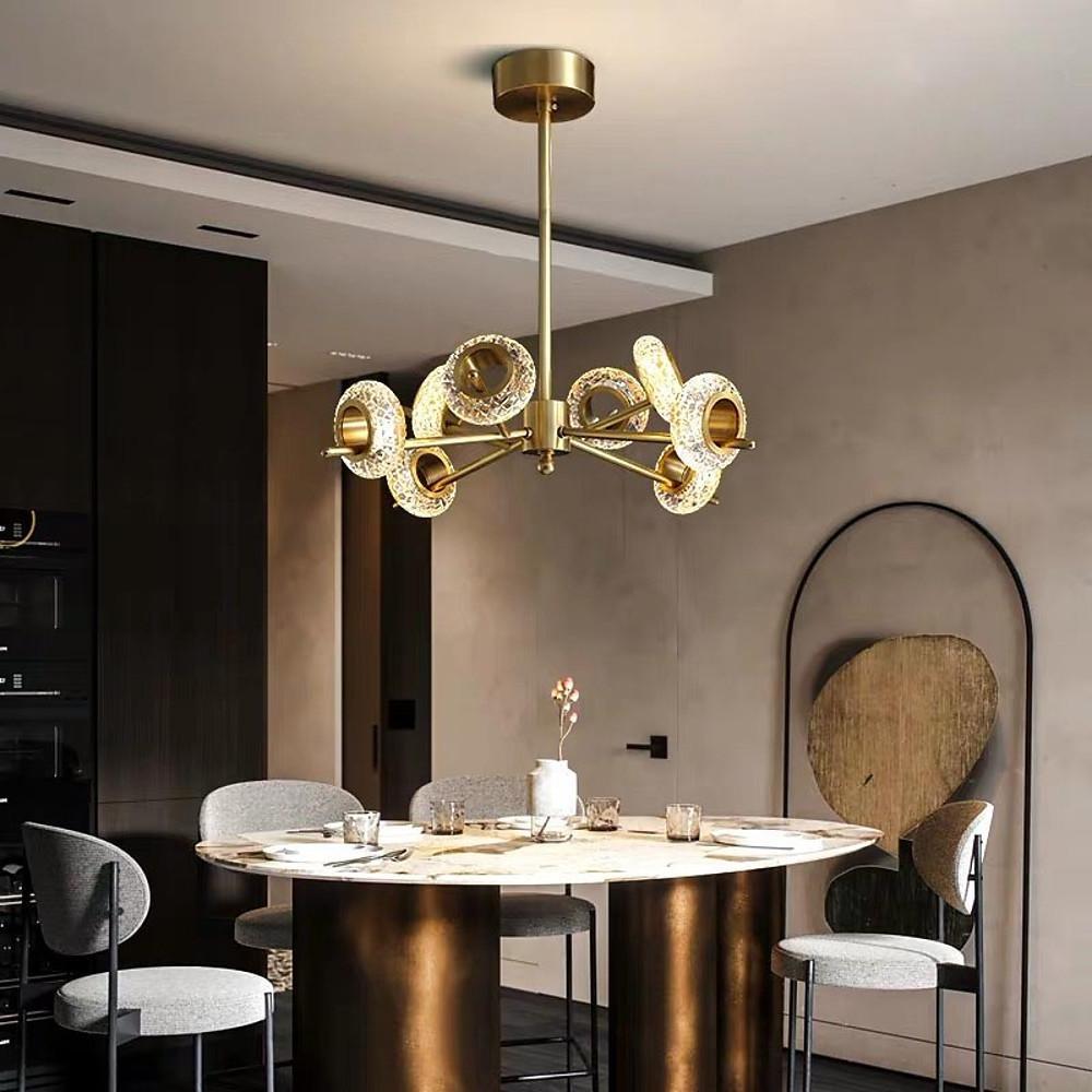 Modern Brass LED Chandelier with Ring Crystal Shades