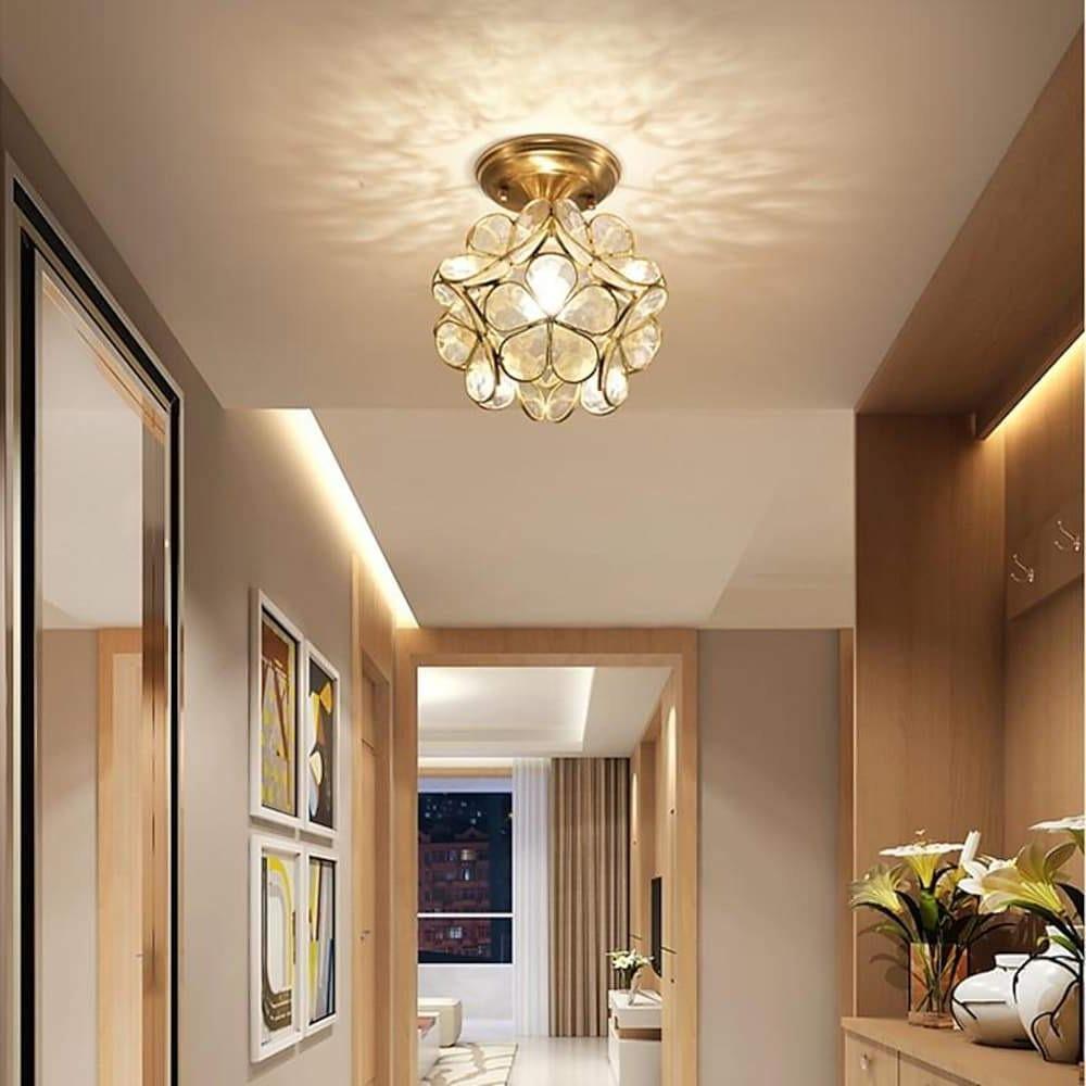 Candelabra Flower Hallway Flush Mount Lighting Copper Glass LED Ceiling Light