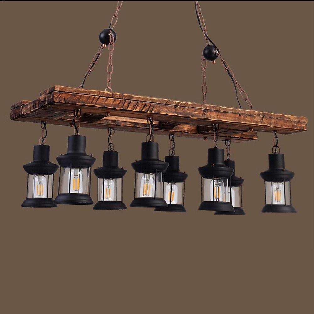 8-light Vintage Wood Glass Lantern LED Farmhouse Chandeliers Hanging Lamp